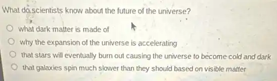What do.scientists know about the future of the universe?
what dark matter is made of
why the expansion of the universe is accelerating
that stars will eventually burn out causing the universe to become cold and dark
that galaxies spin much slower than they should based on visible matter