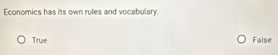 Economics has its own rules and vocabulary.
True
False