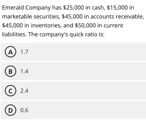 Emerald Company has 25,000 in cash, 15,000 in
marketable securities, 45,000 in accounts receivable,
 45,000 in inventories . and 50,000 in current
liabilities. The company's quick ratio is:
A 1.7
B 1.4
C 2.4
D 0.6