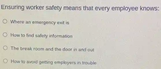 Ensuring worker safety means that every employee knows:
Where an emergency exit is
How to find safety information
The break room and the door in and out
How to avoid getting employers in trouble