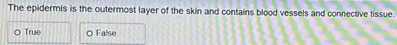The epidermis is the outermost layer of the skin and contains blood vessels and connective tissue.
True
False
