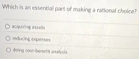Which is an essential part of making a rational choice?
acquiring assets
reducing expenses
doing cost-benefit analysis