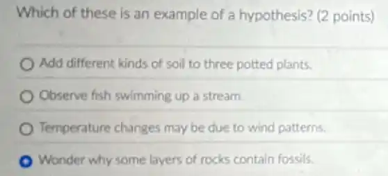 Which of these is an example of a hypothesis? (2 points)
Add different kinds of soil to three potted plants.
Observe fish swimming up a stream.
Temperature changes may be due to wind patterns.
Wonder why some layers of rocks contain fossils.
