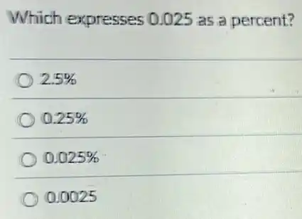 Which expresses 0.025 as a percent?
2.5%
0.25%
0.025%
0.0025