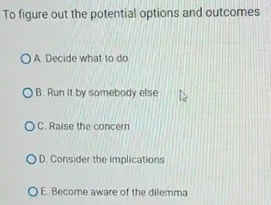 To figure out the potential options and outcomes
A. Decide what to do
B. Run it by somebody else
C. Raise the concern
D. Consider the implications
E. Become aware of the dilemma