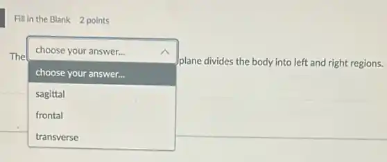 Fill in the Blank 2 points
The
square 
plane divides the body into left and right regions.
choose your answer...
choose your answer...
sagittal
frontal