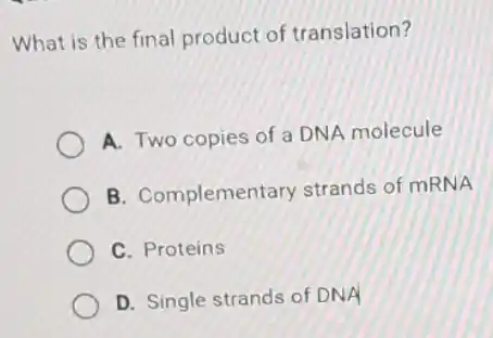 What is the final product of translation?
A. Two copies of a DNA molecule
B. Complementary strands of mRNA
C. Proteins
D. Single strands of DNA