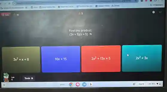 Find the product.
(2x+3)(x+5)
3x^2+x+8
10x+15
2x^2+13x+5
2x^2+3x