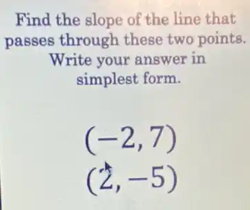 Find the slope of the line that
passes through these two points.
Write your answer in
simplest form.
(-2,7)
(2,-5)