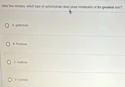 After five minutes, which type of carbohydrate does yeast metabolize at the greatest rate?
A. galactose
B. fructose
C. maltose
D. sucrose