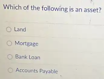 Which of the following is an asset?
Land
Mortgage
Bank Loan
Accounts Payable