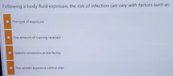 Following a body fluid exposure, the risk of infection can vary with factors such as:
The type of exposure
The amount of training received
Specific conditions at the facility
The written exposure control plan