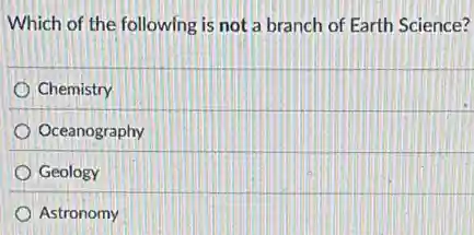 Which of the following is not a branch of Earth Science?
Chemistry
Oceanography
Geology
Astronomy