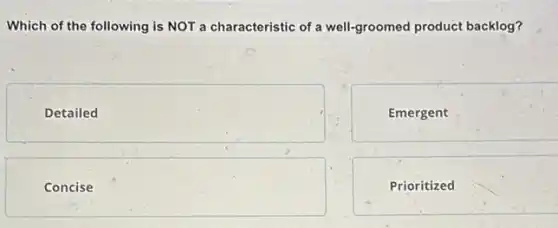 Which of the following is NOT a characteristic of a well-groomed product backlog?
Detailed
Emergent
square
Prioritized