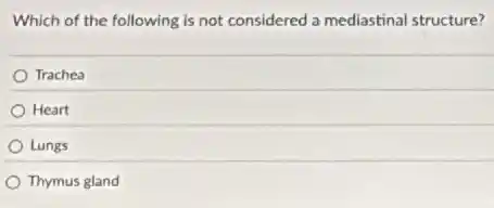 Which of the following is not considered a mediastinal structure?
Trachea
Heart
Lungs
Thymus gland