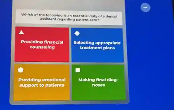 Which of the following is an essential duty of a dental
assistant regarding patient caro?
Providing financial
counseling
Selecting appropriate
treatment plans
Providing emotional
support to patients
Making final diag-
noses