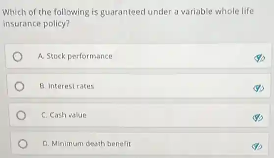 Which of the following is guaranteed under a variable whole life
insurance policy?
A. Stock performance
B. Interest rates
C. Cash value
D. Minimum death benefit