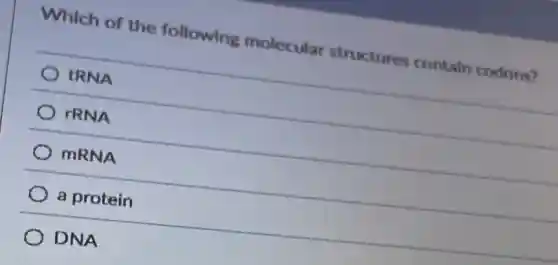 Which of the following molecular structures contain codons?
tRNA
rRNA
mRNA
a protein
DNA