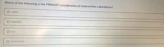 Which of the following is the PRIMARY consideration of Underwriters Laboratories?
safety
reliability
cost
functionality