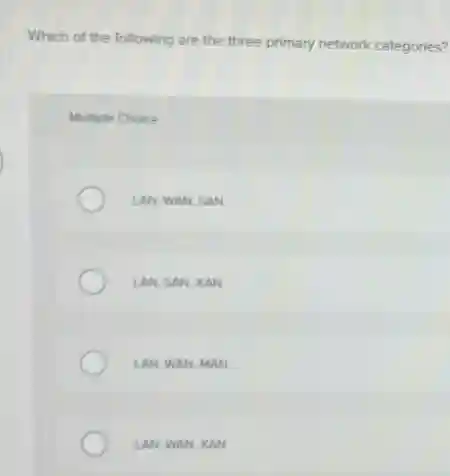 Which of the following are the three primary network categories?
Multiple Choice
LAN, WAN, SAN
LAN, SAN, XAN
LAN, WAN, MAN
LAN, WAN, XAN