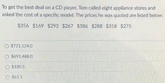 To get the best deal on a CD player, Tom called eight appliance stores and
asked the cost of a specific model. The prices he was quoted are listed below:
 356 169 293 267 386 288 318 275
 721,124.0
 691,488.0
 330.5
 65.1