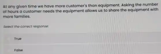 At any given time we have more customer's than equipment. Asking the number
of hours a customer needs the equipment allows us to share the equipment with
more families.
Select the correct response:
True
False