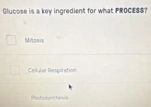 Glucose is a key ingredient for what PROCESS?
Mitosis
Cellular Respiration
Photosynthesis