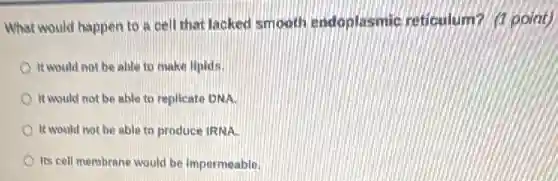 What would happen to a cell that lacked smooth endoplasmic reticulum?(1 point)
It would not be able to make lipids.
It would not be able to replicate DNA.
It would not be able to produce tRNA.
Its cell membrane would be impermeable.
