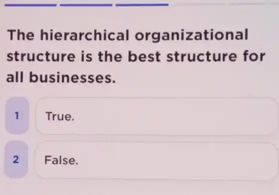 The hierarchical organizational
structure is the best structure for
all businesses.
True.
False.