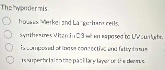 The hypodermis:
houses Merkel and Langerhans cells.
synthesizes Vitamin D3 when exposed to UV sunlight.
is composed of loose connective and fatty tissue.
is superficial to the papillary layer of the dermis.