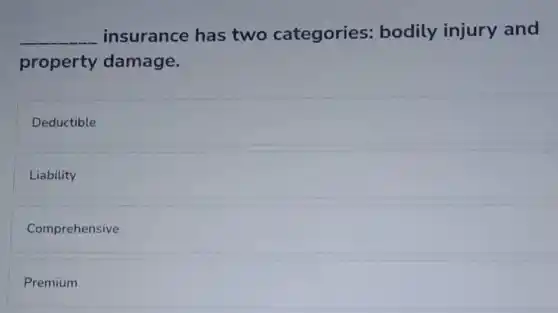 __ insurance has two categories:bodily injury and
property damage.
Deductible
Liability
Comprehensive
Premium
