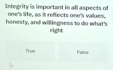 Integrity is important in all aspects of
one's life, as it reflects one's values,
honesty, and willingness to do what's
right
True
False