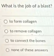 What is the job of a blast?
to form collagen
to remove collagen
to connect the bones
none of these answers