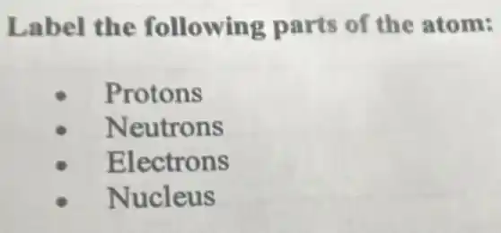 Label the following parts of the atom:
Protons
Neutrons
Electrons
Nucleus