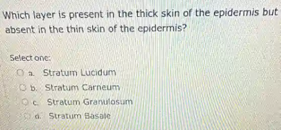 Which layer is present in the thick skin of the epidermis but
absent in the thin skin of the epidermis?
Select one:
a. Stratum Lucidum
b. Stratum Carneum
c. Stratum Granulosum
d. Stratum Basale