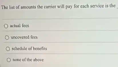 The list of amounts the carrier will pay for each service is the
actual fees
uncovered fees
schedule of benefits
none of the above