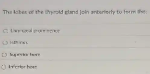 The lobes of the thyroid gland join anteriorly to form the:
Laryngeal prominence
Isthmus
Superior horn
Inferior horn