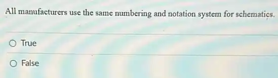 All manufacturers use the same numbering and notation system for schematics.
True
False