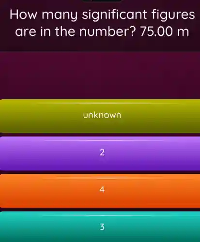 How many significant figures
are in the number?75.00 m
unknown
2