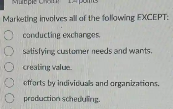 Marketing involves all of the following EXCEPT:
conducting exchanges.
satisfying customer needs and wants.
creating value.
efforts by individuals and organizations.
production scheduling.