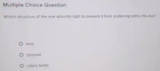 Multiple Choice Question
Which structure of the eye absorbs light to prevent it from scattering within the eye?
lens
choroid
ciliary body