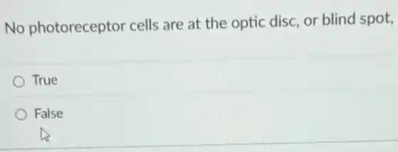 No photoreceptor cells are at the optic disc, or blind spot,
True
False