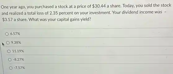 One year ago, you purchased a stock at a price of 30.44 a share. Today, you sold the stock
and realized a total loss of 2.35 percent on your investment. Your dividend income was -
 3.57 a share. What was your capital gains yield?
6.57% 
9.38% 
11.19% 
-8.27% 
-7.57%