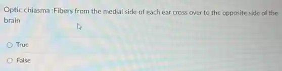 Optic chiasma:Fibers from the medial side of each ear cross over to the opposite side of the
brain
True
False
