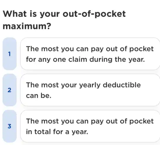 What is your out-of -pocket
maximum?
1
The most you can pay out of pocket
for any one claim during the year.
2
The most your yearly deductible
can be.
3
The most you can pay out of pocket
in total for a year.