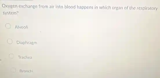Oxygen exchange from air into blood happens in which organ of the respiratory
system?
Alveoli
Diaphragm
Trachea
Bronchi
