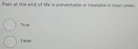 Pain at the end of life is preventable or treatable in most cases.
True
False