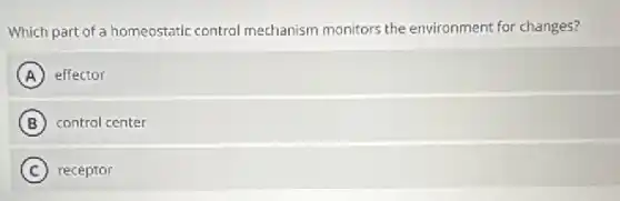 Which part of a homeostatic control mechanism monitors the environment for changes?
A effector
B control center
C receptor