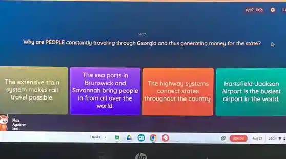Why are PEOPLE constantly traveling through Georgia and thus generating money for the state?
The extensive train
system makes rail
travel possible.
The sea ports in
Brunswick and
Savannah bring people
in from all over the
world.
The highway systems
connect states
throughout the country.
Hartsfield-Jackson
Airport is the busiest
airport in the world.