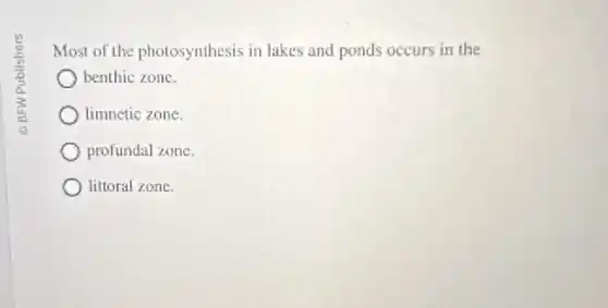 Most of the photosynthesis in lakes and ponds occurs in the
benthic zone.
limnetic zone.
profundal zone.
littoral zone.